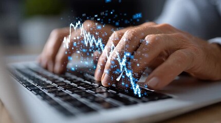 Hands engaged in typing on a keyboard with a digital graph overlay representing data-driven decision making in a modern workspace - Powered by Adobe