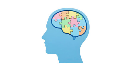 Conceptual illustration of a human head profile with a colorful jigsaw puzzle representing the brain inside isolated on transparent background