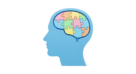Conceptual illustration of a human head profile with a colorful jigsaw puzzle representing the brain inside isolated on transparent background