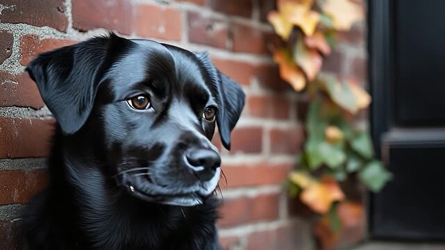 small black dog mutt with black fur looking at the camera on a brick wall background. There is a lot of emotion in its eyes. concept of pet care and animal protection day.