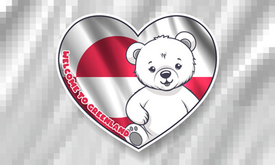 Vector sticker or icon, heart. I love Greenland. Cartoon cute smiling little sitting polar bear cub, wavy national flag. Welcome. Pixel gray background