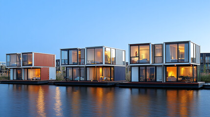 Modern Floating Houses on Water, Evening Serenity, Architectural Marvel, Calm Environment, Vibrant Reflections
