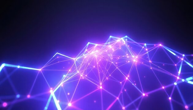 Dynamic abstract network with glowing nodes and lines, illustrating data flow, digital communication, and advanced technological concepts.