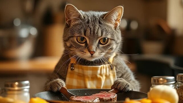 young tricolor cat mixed-breed with yellow eyes looking at the camera on the table. A classic portrait of a pet. Human-animal bond concept.