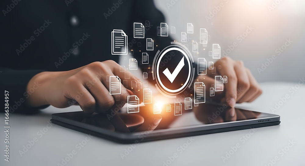 Wall mural a person is using a tablet to interact with a digital display of documents and a checkmark, represen
