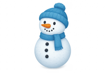 Smiling snowman wearing blue knitted hat and scarf on transparent background