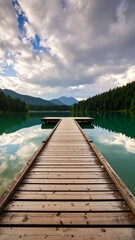 Naklejka premium Tranquil Wooden Dock Over Still Lake Reflecting Clouds and Mountains.