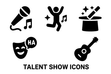 Solid filled vector icons set of talent show categories including singing, dancing, magic tricks, comedy performance, and musical instrument playing on transparent background