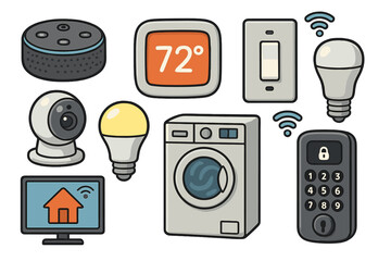 Smart home devices vector icon set. Internet of Things (IoT) technology collection. Home automation cartoon illustration with smart speaker, camera, lock, lightbulb, thermostat.