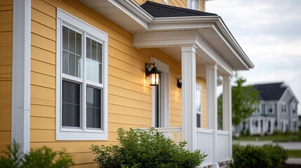 Fototapeta premium A close-up view of a charming yellow house featuring white trim and a porch. The setting is suburban, evoking a warm and inviting atmosphere.