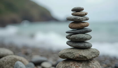 Close-up of a small balanced tower made from uneven stones, set against a natural outdoor background. Symbolizes patience, perseverance, and balance.