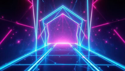 Abstract glowing neon lines form a futuristic tunnel in vibrant pink and blue, ideal for technology, gaming, party, or virtual reality concepts.