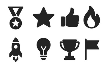 Team motivation icons solid filled vector set including medal with star, star symbol, thumbs up, fire flame, rocket launch, light bulb idea, trophy award, flag marker illustration