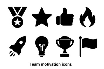 Solid filled team motivation icons set including medal, star, thumbs up, fire, rocket, light bulb, trophy, and flag vector illustration on transparent background