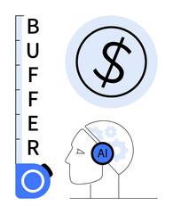 Dollar sign representing finance, buffer meter showing progress, and human head with AI symbolizing technology. Ideal for finance, AI, growth, innovation, tech solutions, automation simple flat