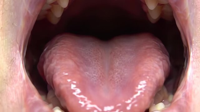 Close up view of human mouth throat and tonsils showing oral anatomy.