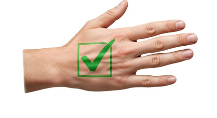 Hand with checkmark on white transparent background, PNG