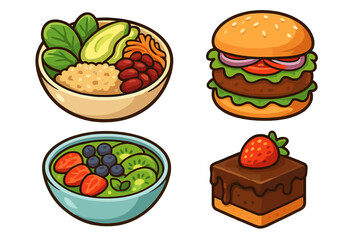 Plant-based food icon set. Vegan meals collection with veggie burger, buddha bowl, fruit salad and chocolate cake. Healthy eating vector cartoon illustration for diet concept.
