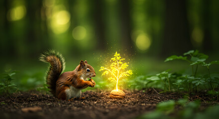 Fototapeta premium Squirrel and glowing plant: A charming squirrel observes a glowing plant sprout from the earth, in a serene forest scene, symbolizing growth, discovery, and the magic of nature.