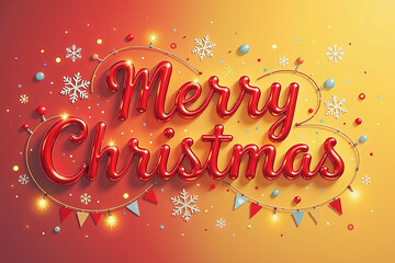 Red Merry Christmas text surrounded by festive decorations, snowflakes, and ornaments on a red to yellow gradient background.
