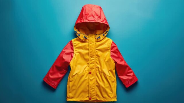 A bright yellow and red rain jacket on a blue background, great for outdoor activities