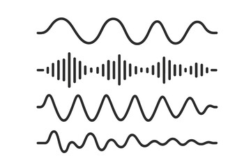 Sound wave icon set. Vector audio waves and music soundwaves. Minimalist signal waveform, frequency, and voice vibration graph. Radio pulse and equalizer rhythm line.