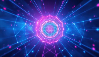 Vibrant abstract neon tunnel with glowing lines and intricate geometric patterns, creating a futuristic digital network. Ideal for technology, data, or energetic background visuals.