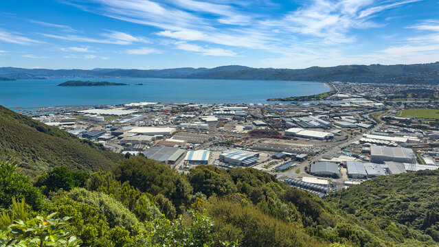 Wellington Harbour, New Zealand. Wide view from Wainuiomata Hill. Seaview and Petone in foreground, Somes Island in middle, Wellington City in distance.