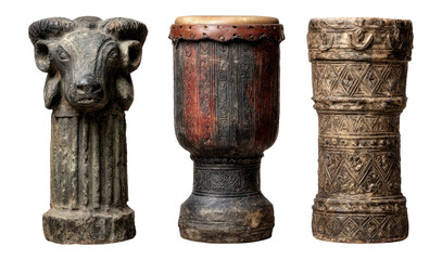 Unique Decorative Drums and Carvings on Transparent Background