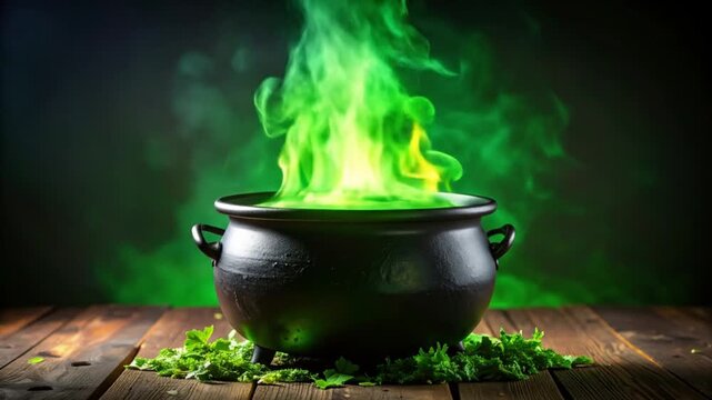 Witch's cauldron steaming with a green brew