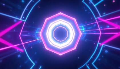 Dynamic abstract neon shapes form a glowing futuristic tunnel, with vibrant pink and blue lines and sparkling particles. Ideal for technology, gaming, and digital concepts.