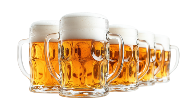 Group of Beer Mugs with Foam isolated on a Transparent Background