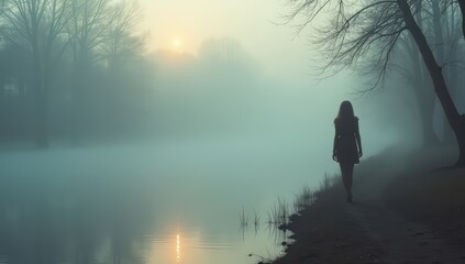 A lone figure walking by a misty riverbank with soft reflections in the water, atmospheric and moody scene symbolizing reflection and contemplation.