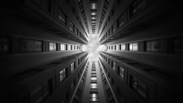 Symmetrical cityscape perspective looking up between tall buildings with dramatic light rays and reflections - Powered by Adobe