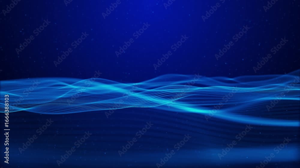Wall mural abstract motion of glowing blue waves made of light particles flowing through dark space. for use in