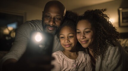 Obraz premium A happy African American family takes a selfie together in a cozy indoor setting. The father, mother, and daughter smile while holding a smartphone with a flashlight.