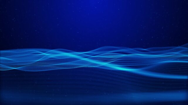 Abstract motion of glowing blue waves made of light particles flowing through dark space. for use in technology, energy, science, future, virtual reality or concept of data transmission backgrounds.