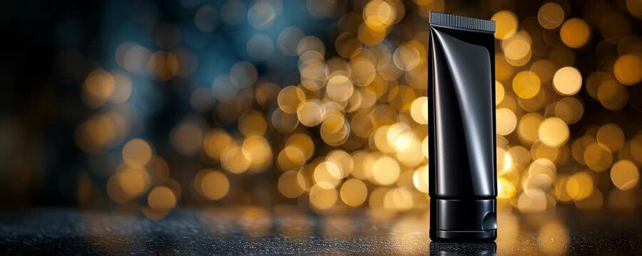 Sleek black tube against shimmering golden bokeh lights creates luxurious atmosphere, perfect for showcasing beauty and skincare products in elegant container