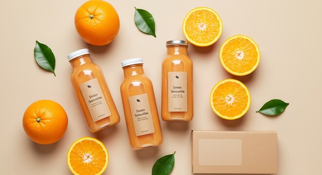 Top-down shot featuring a fresh juice product with natural, vibrant ingredients
