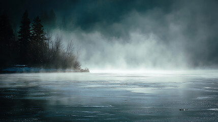 Mist rises over a frozen lake in a peaceful forest area during early morning hours in winter