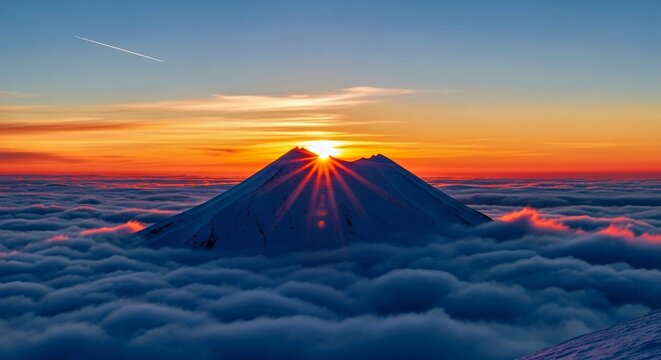 mountain, landscape, sky, nature, sunset, sunrise, fuji, volcano, mountains, peak, travel, japan, snow, lake, mount, clouds, cloud, water, sun, view, winter, morning, asia, vector, sea