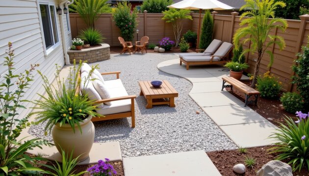 light gray and soft beige gravel used in garden patios providing neutral tones that harmonize with planters, furniture, and natural stone flooring.