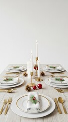 Fototapeta premium Minimalist Christmas dinner table decorated with white candles, pinecones, red ornaments and greenery, elegant holiday setup