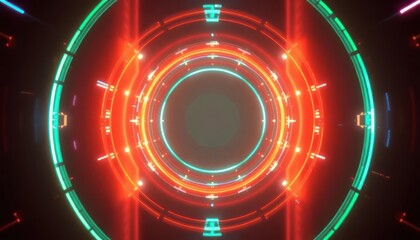 Futuristic digital tunnel with glowing red, orange, and cyan concentric circles. Abstract high-tech background for data, cyber, and innovation themes.