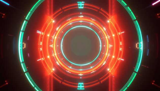 Futuristic digital tunnel with glowing red, orange, and cyan concentric circles. Abstract high-tech background for data, cyber, and innovation themes.