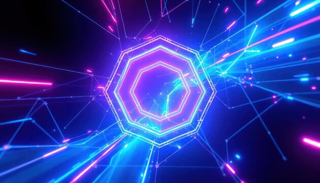 Vibrant neon octagon with glowing lines and particles against a dark background, representing digital data, network connections, and futuristic technology concepts.