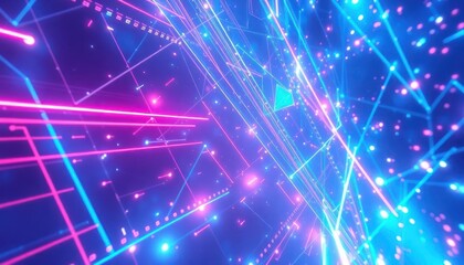 Vibrant abstract digital network with glowing neon lines and connections, representing data flow, internet, and modern technology. Ideal for business, tech, and futuristic concepts.