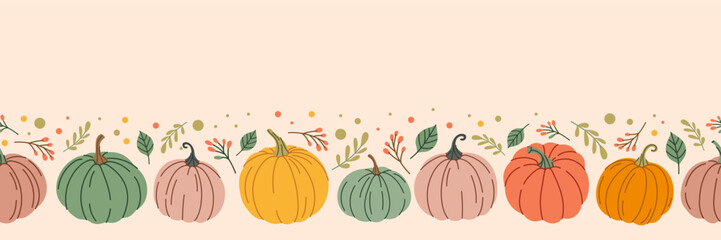 Thanksgiving day halloween seamless pattern with pumpkins and autumn leaves. Vector texture border for textiles, table cloth, wrapping paper, banners, wallpapers.  Autumn harvest design
