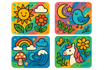 Set of cute cartoon illustrations. Whimsical nature and fantasy icon collection. Colorful kid drawing of unicorn, sun, rainbow, moon, bird, flower, and mushroom. Vector doodle.