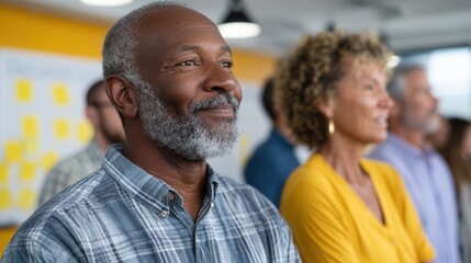 A diverse group of adults engaged in a meeting, smiling and listening attentively in a modern office setting with bright colors and a collaborative atmosphere.